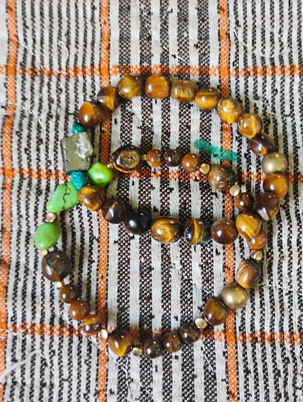 Large Tiger Eye and Green Turquoise Stretch Bracelet - Picture 6 of 6